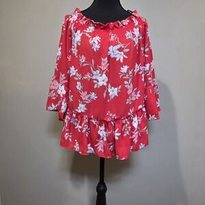 Divided Red Floral Off-Shoulder Ruffle Tunic
